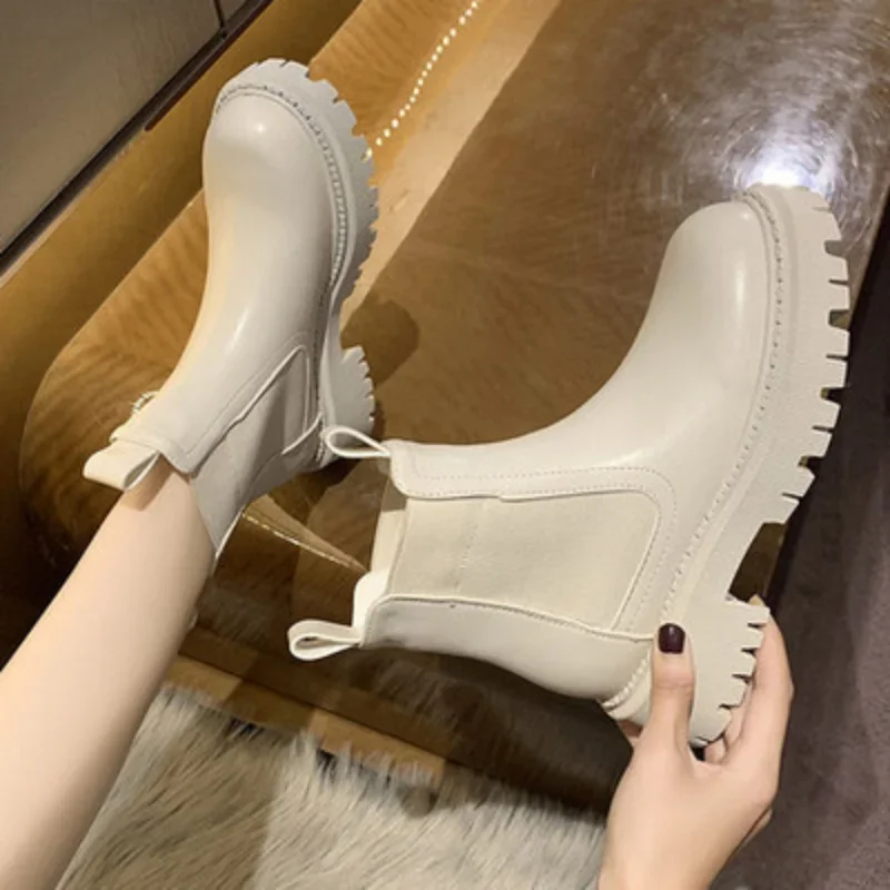 New Autumn Winter Chelsea Boots Women Platform Brown Black Beige White Ankle Boots for Women Fur Short Chunky Punk Gothic Shoes