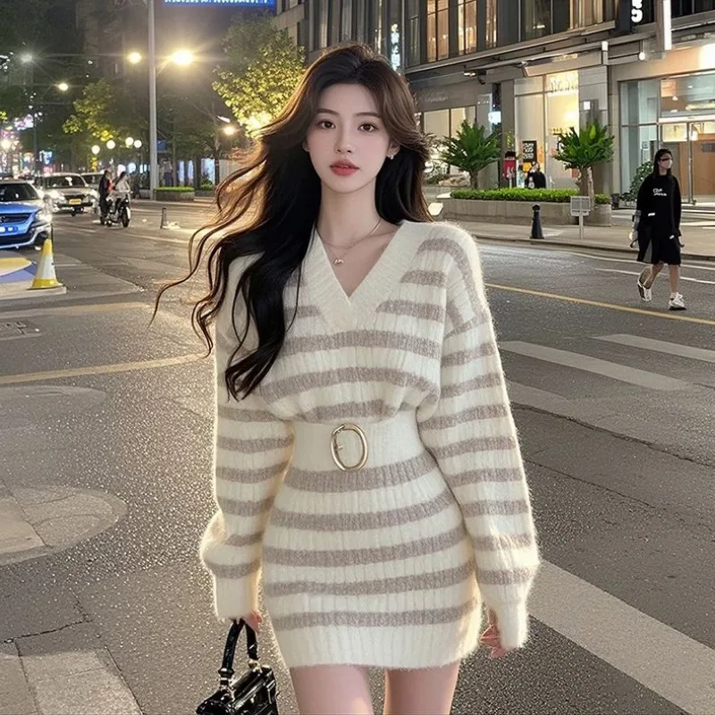 Autumn Winter Pullover Contrast Color V-neck Striped Long-sleeved Knitted Dress Women's Sweater Knee-length Hip-covering Dress