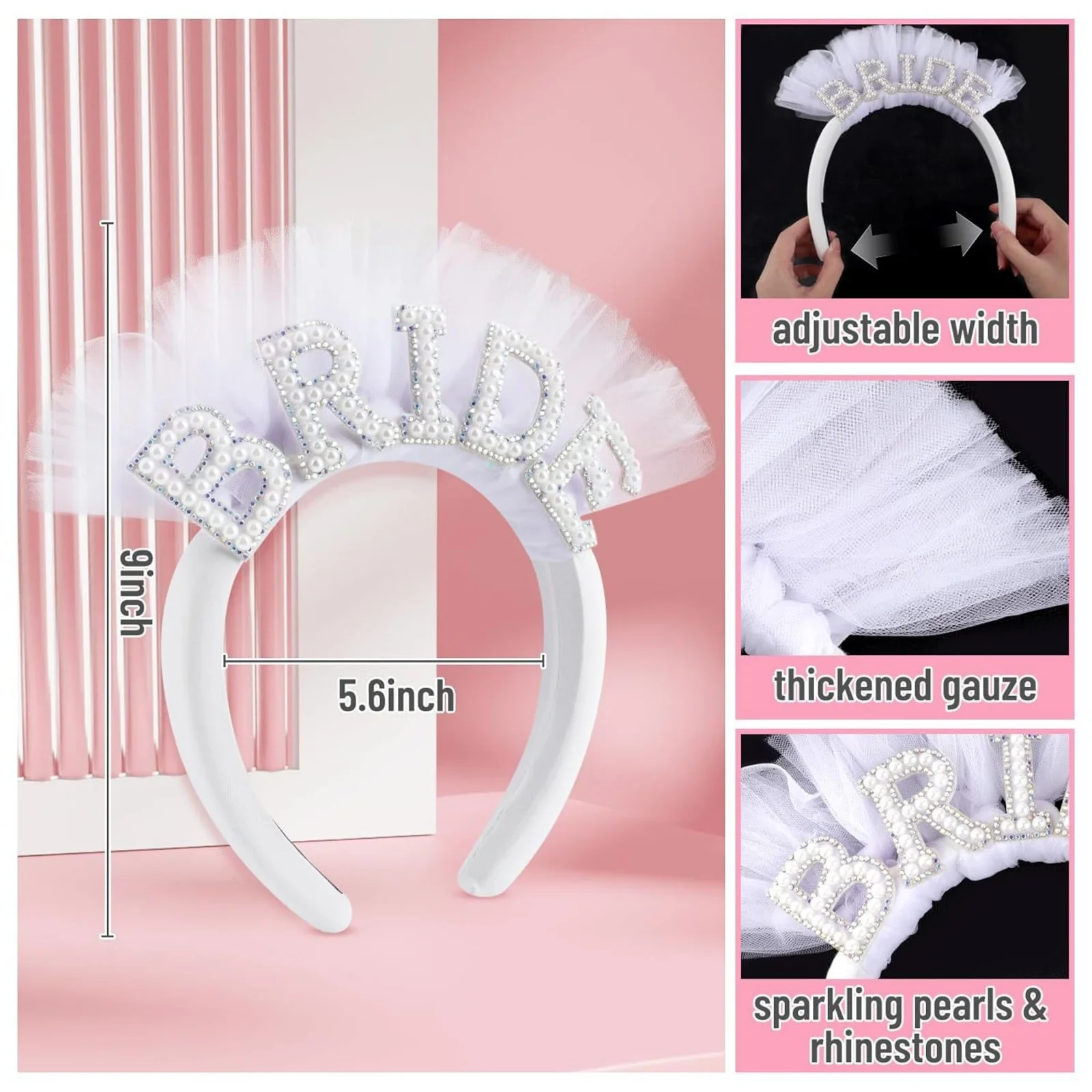 Diadema con diamantes de imitación y perlas para novia, tocado de novia de tul blanco, accesorio elegante para el cabello para boda, despedida de soltera, 1 ud.
