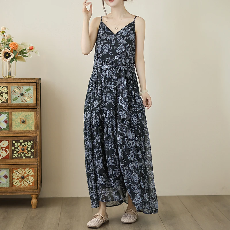 2025年夏プリントサスペンダーコットンリネンルーズロングマキシ丈ワンピースカジュアルルーズビーチホリデーボヘミアン
