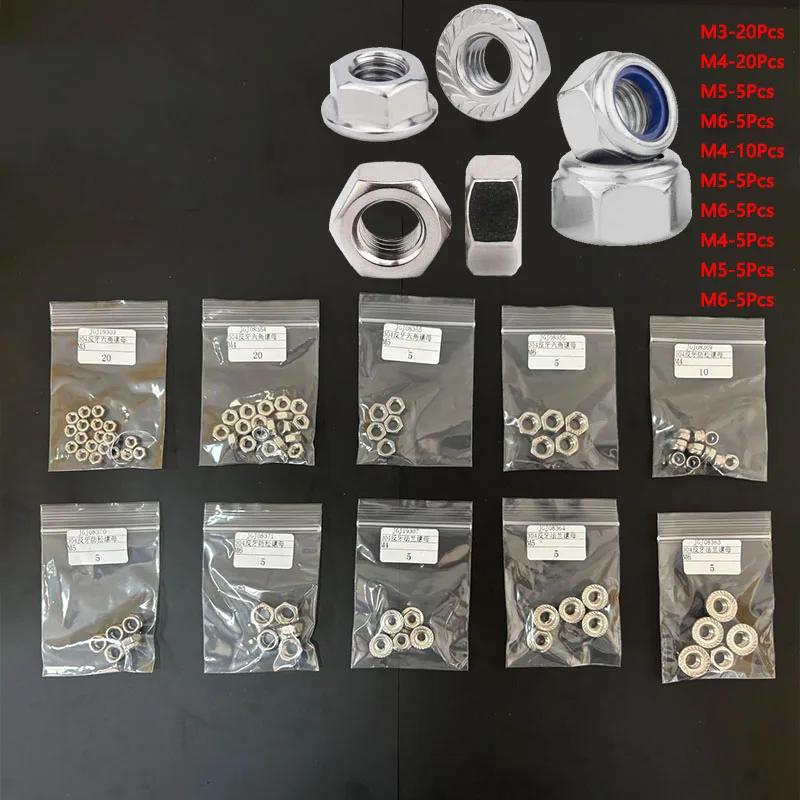 85pc 304 Stainless Steel Left Hand Thread Nylon-Insert Locknuts Serrated Flange Lock Nuts Hexagon Nuts Mixed Size Assortment Kit