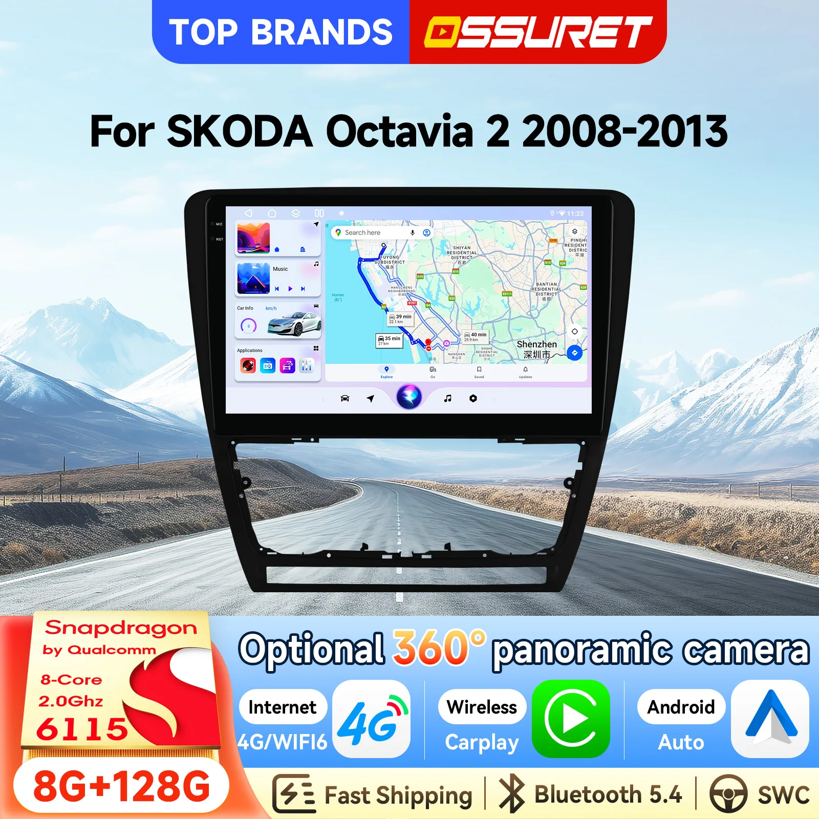 OSSURET – schnelle Lieferung – 10,1-Zoll-2-DIN-Android-15-Autoradio für Skoda Octavia 2, Baujahr 2008–2013 – Autoradio mit Octa-Core-Prozessor, GPS-Navigation, Bluetooth, Freisprecheinrichtung, SWC,