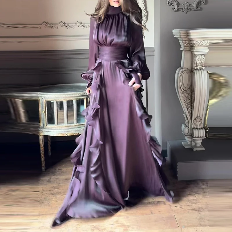 Moda cintura alta plissado vestido de festa senhora casual gola alta em camadas vestido de banquete elegante manga longa cor sólida vestido de noite
