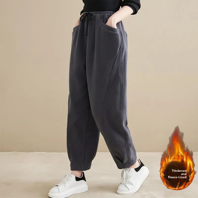Women's Fce Lined Loose Fit Casual Thiened Sports Pants High Waist Asymmetric Long Trousers Autumn Winter Faion