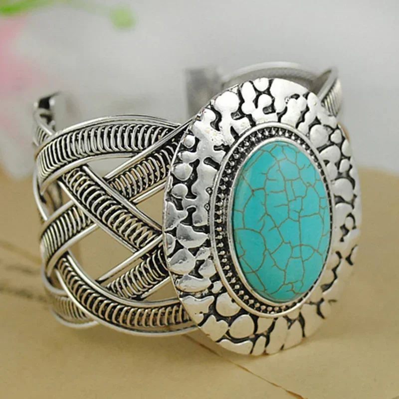 Vintage Ethnic Style Turquoise Bracelet for Women Open Wide Wrap Antique Silver Color Bangle Bracelets Boho Woman Accessories