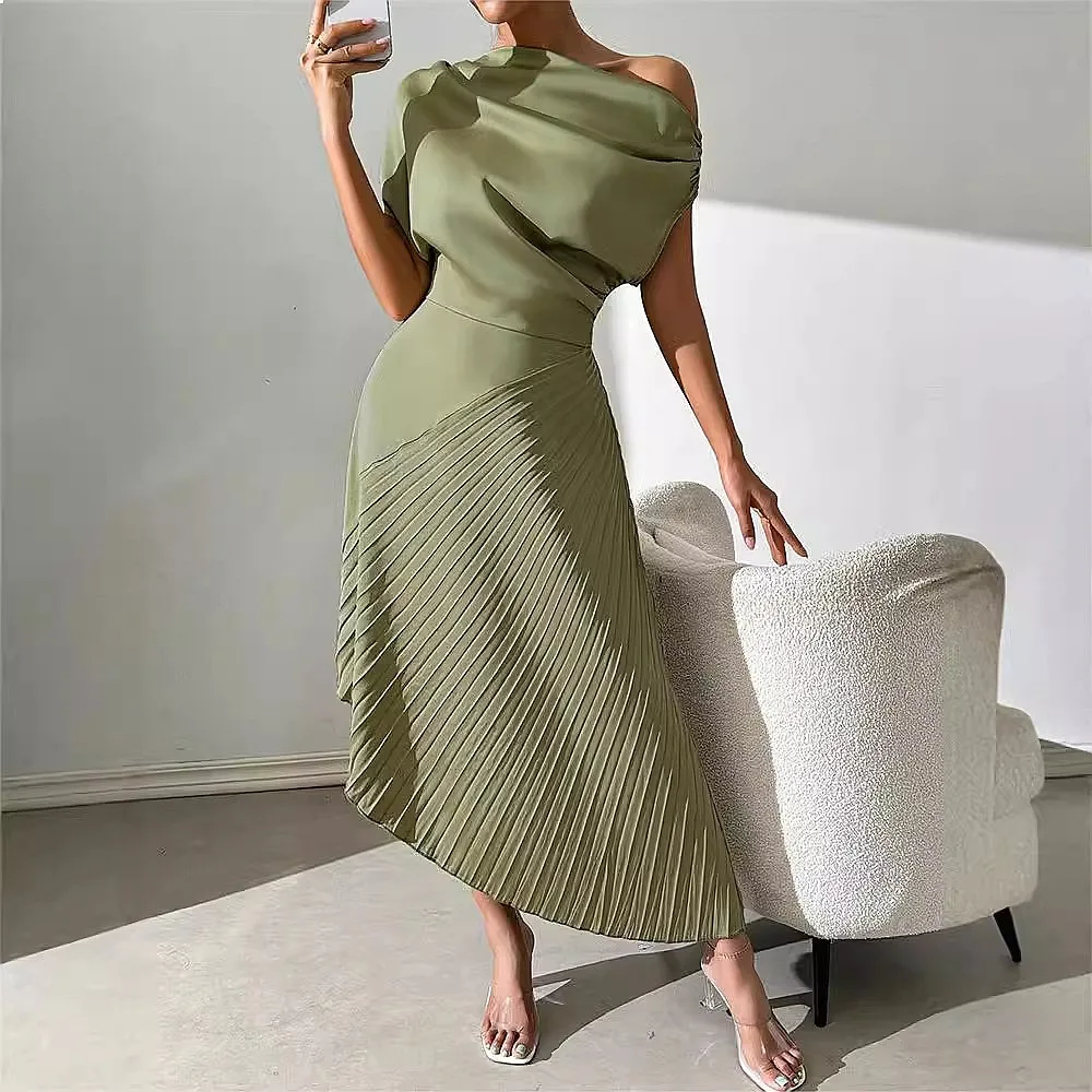 Elegant One Shoulder Ruched Bodycon Midi Dress Summer Spring Women's Party Club Dresses