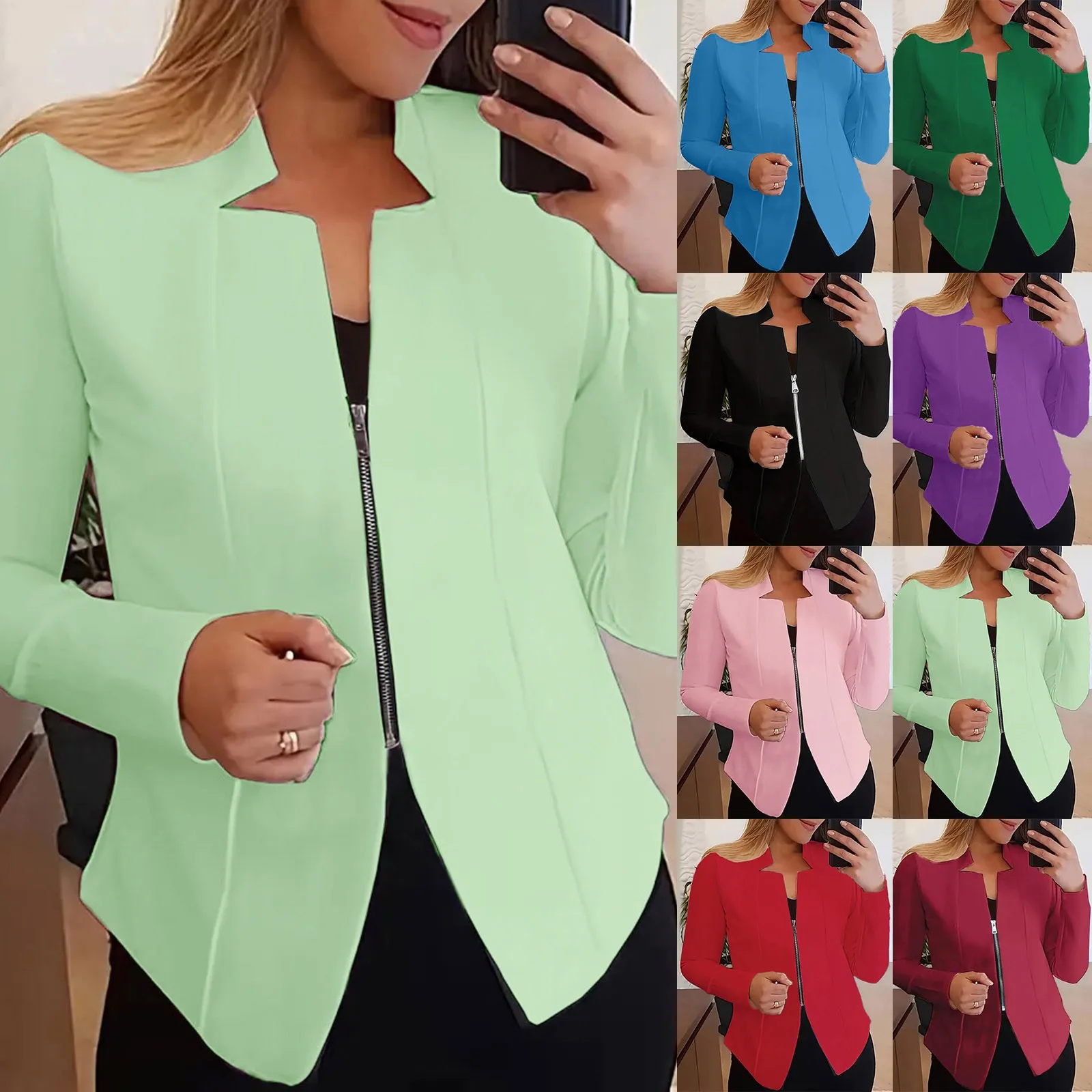 Jaket wanita, warna Solid kancing bawah mantel ramping garis leher mode lengan panjang setelan pendek bisnis kantor kasual