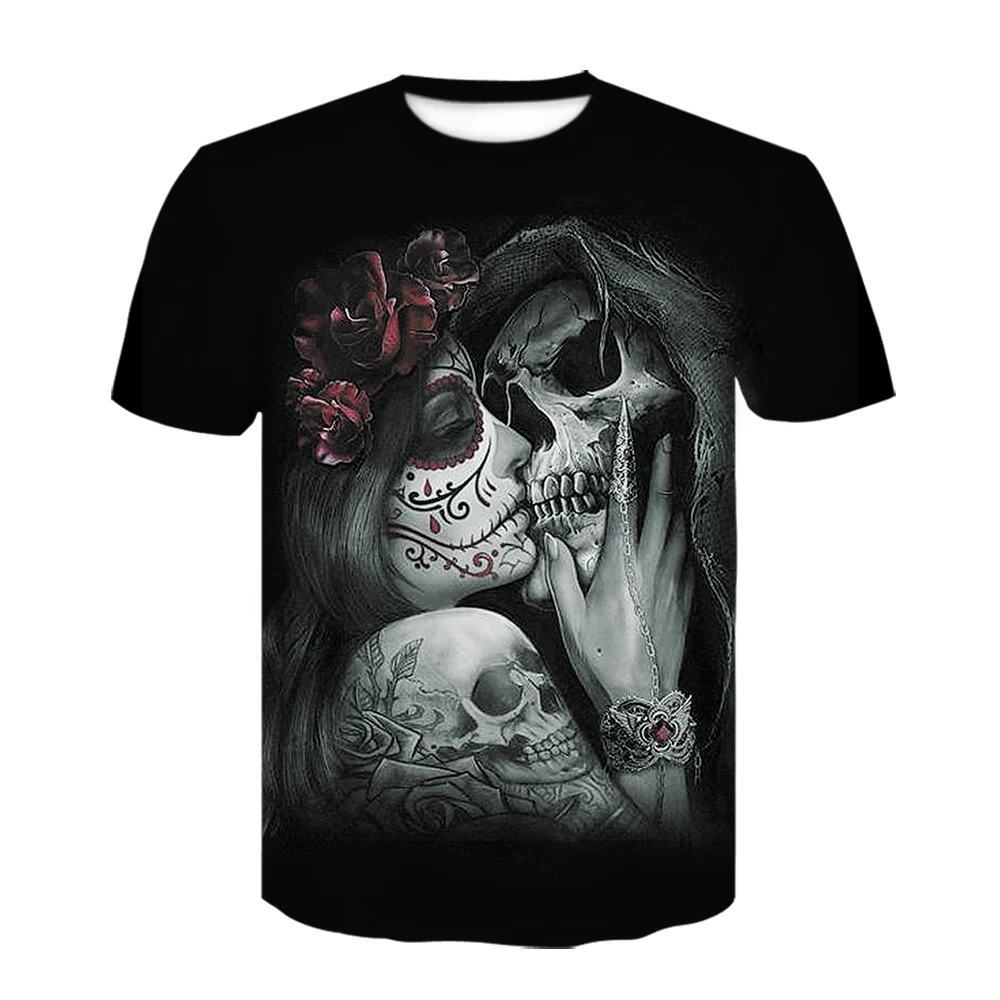 Camiseta masculina de caveira de terror estampada em 3D, blusa confortável, tamanho grande, casual, tendência de rua, personalidade moda verão