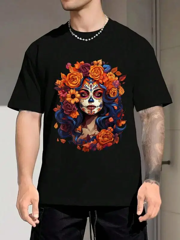 [100% قطن] تي شيرت نسائي 100% قطن للجنسين ضياء دي لوس مورتوس مكسيكي على شكل جمجمة السكر يوم الموتى