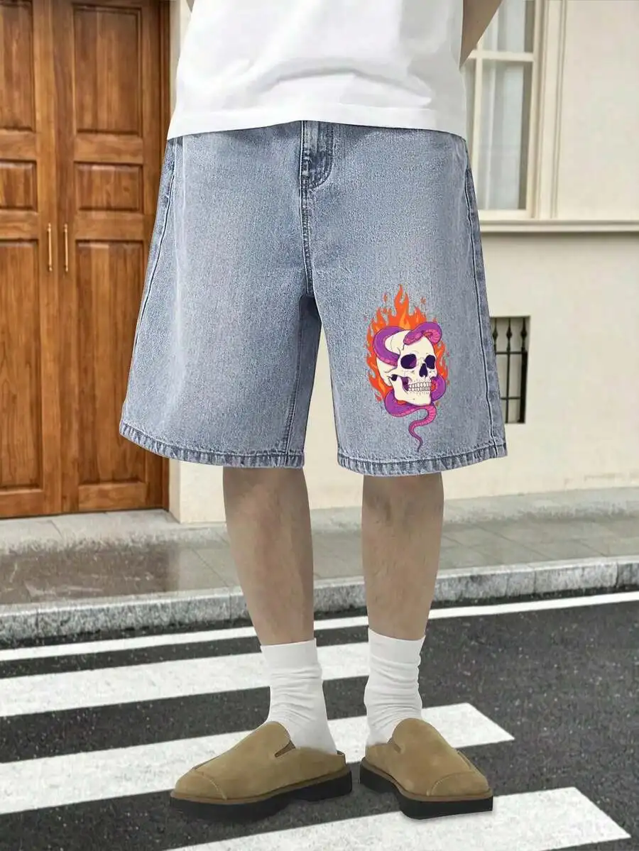 

Light Wash Denim Shorts With Skull Snake Flame Graphic, Straight Cut Five Inch Summer Streetwear Pants For Men