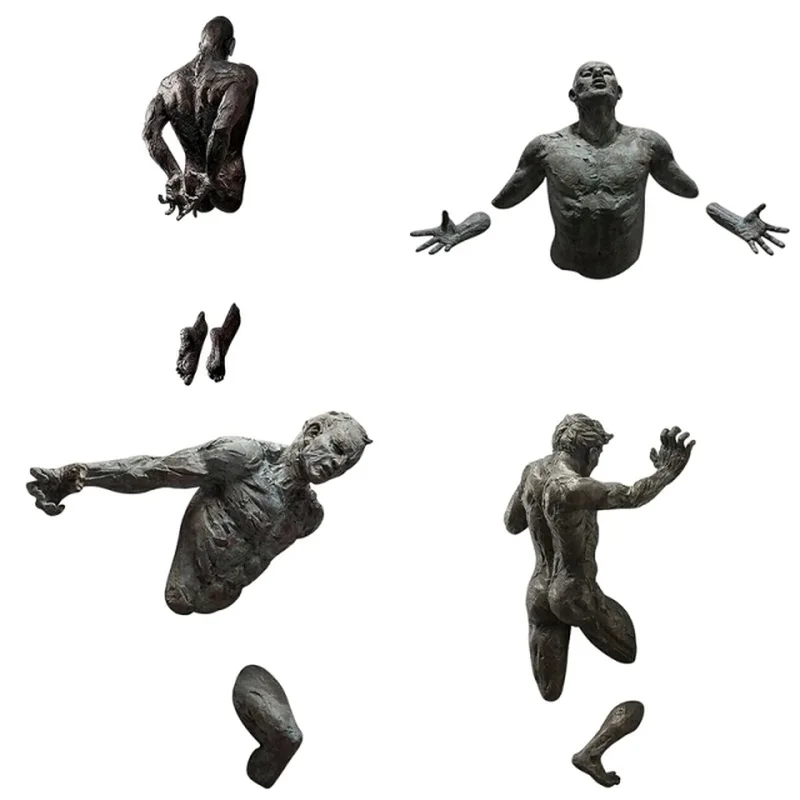 Imitation Copper Wall Decor Abstract Character Resin Rock Climbing Man Statue Sculpture Background Wall Art 3D Through Wall