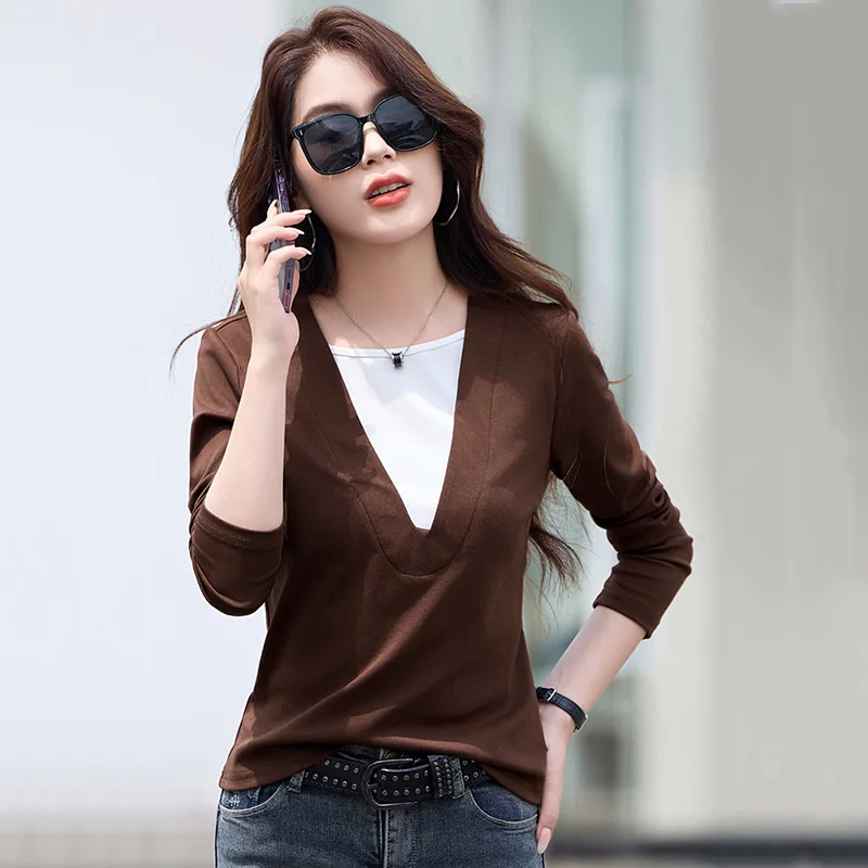 

Новый Женщины Простота Лоскутное футболка Весна Осень Мода Контрастные цвета O-образным вырезом Длинный рукав Тонкий тройник Повседневная Основная футболка