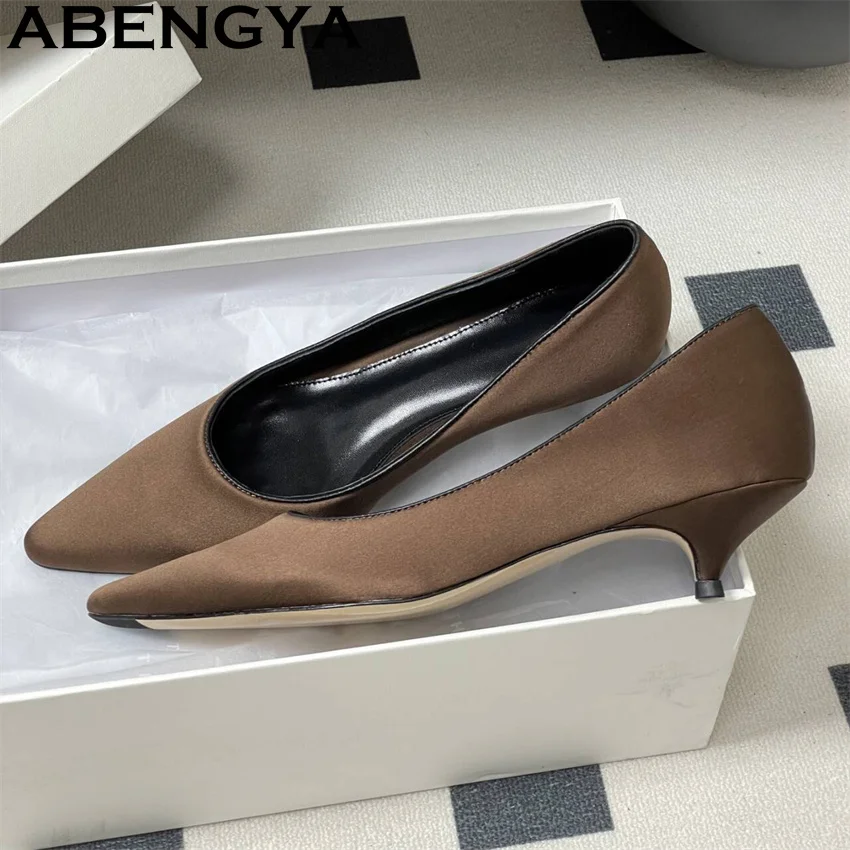 

Sexy Satin Pointy Toe Low Heels Shoes Women Genuine Leather Shallow Mouth Mid Heel Stiletto Pumps Summer Dress Party Shoes Mujer
