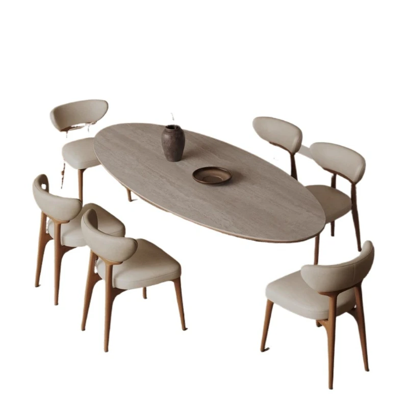French retro travertine rock slab dining table medium large apartment table living room household oval rectangular solid wood