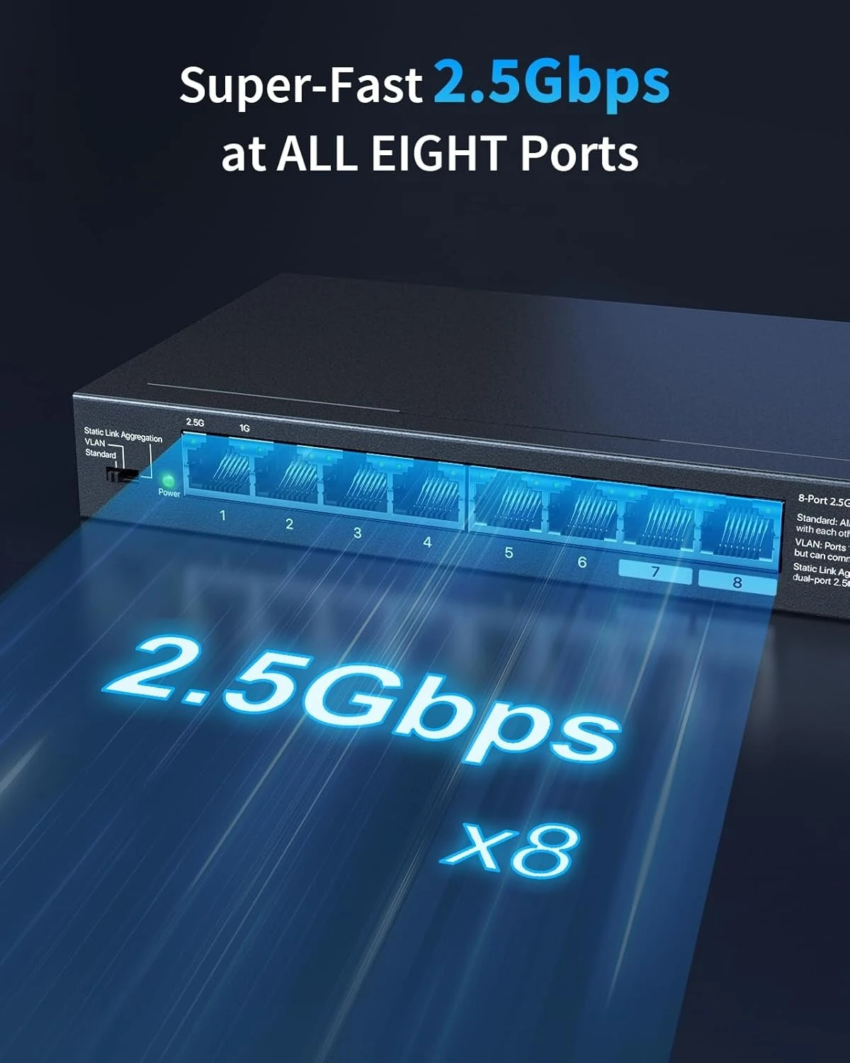 

2.5Gb Switch, Unmanaged 8 Port Ethernet Switch 2.5 Gigabit Supports Static Link Aggregation & VLAN, Fanless,Factory Direct Sales