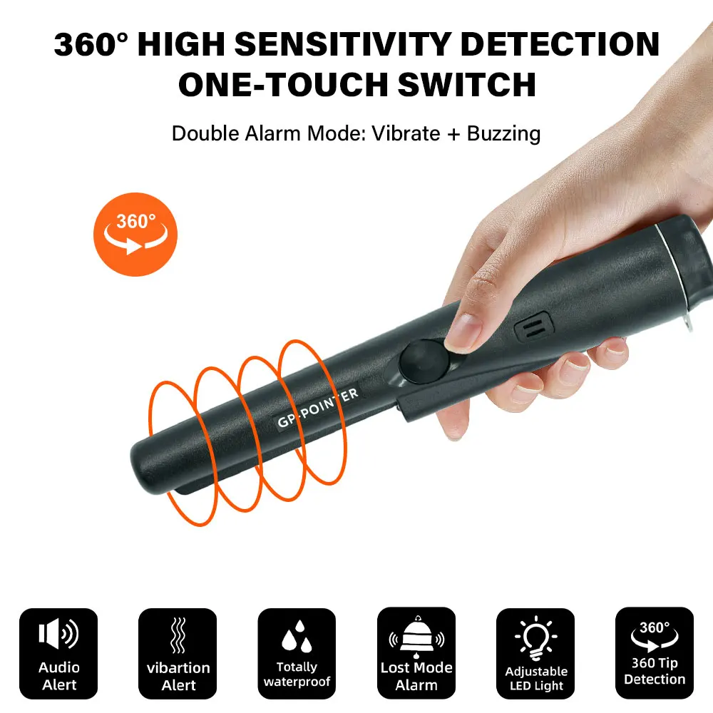 เครื่องตรวจจับโลหะแบบพกพาคุณภาพสูง GP-pointer กันน้ำ พร้อมแท่งระบุตำแหน่งและไฟ LED แบบสายรัดข้อมือ