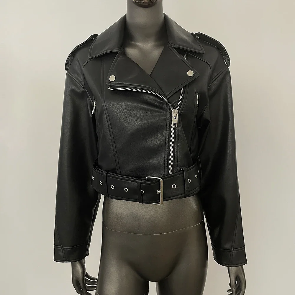 Moto Biker Jas Kunstleer 2024 Korte leren jas Dames Vintage Losse Pu met riem Streetwear Vrouwelijke Rits Retro Uitloper