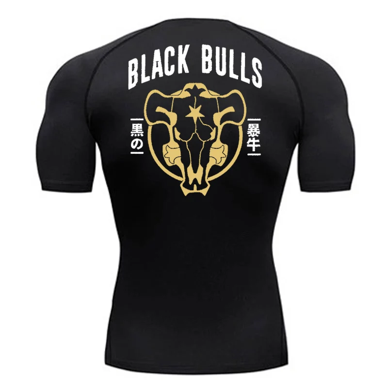 Black Bull Print Compression Shirts for Men Athletic Quick Dry Baselayers Undershirt Gym Workout Running Rash Guard Tshirt Tops