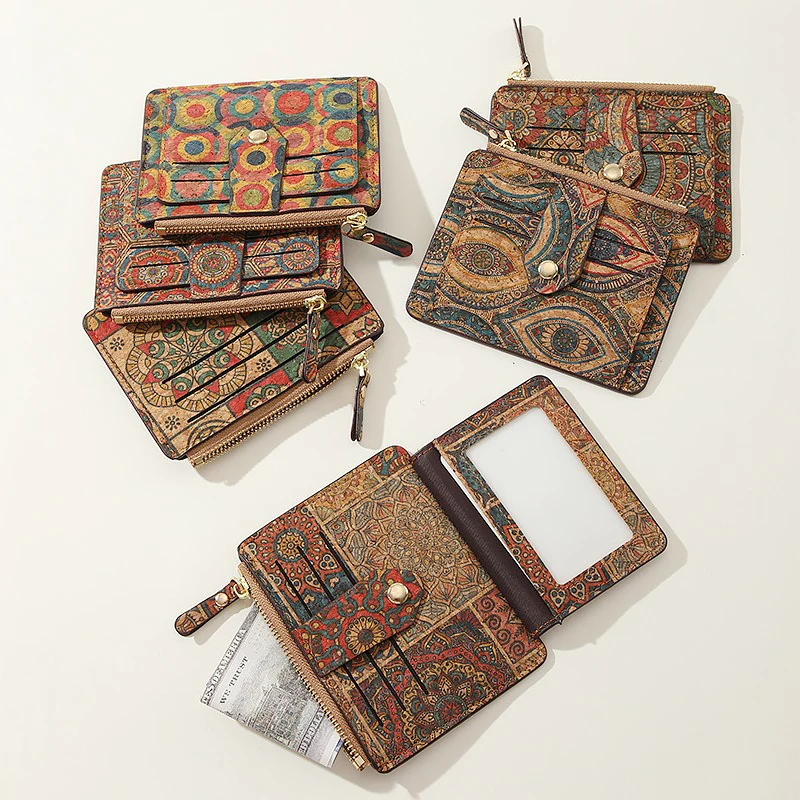 

8Pcs Vintage Cork Multi-card Slot Purse Women's Short Wallet Portable Large Capacity Leisure Pocket Purse Soft Card Holders