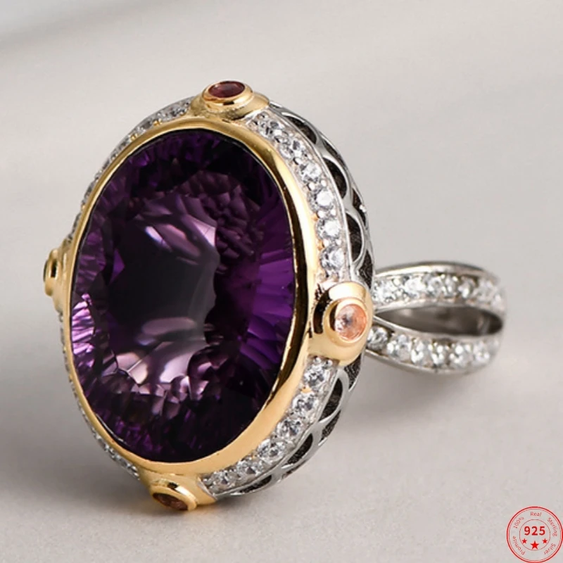 

S925 Sterling Silver Rings for Women Men New Fashion Oval Natural Amethyst Occidental Topaz Zircon Jewelry Free Shipping