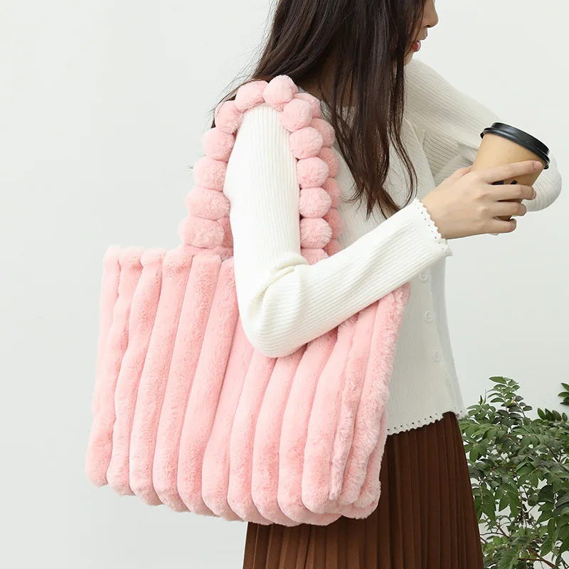 Luxurious Autumn Winter Plush Tote Bag - Soft,Striped Faux Fur Shoulder Bag with Comfortable Handheld Strap - Perfect