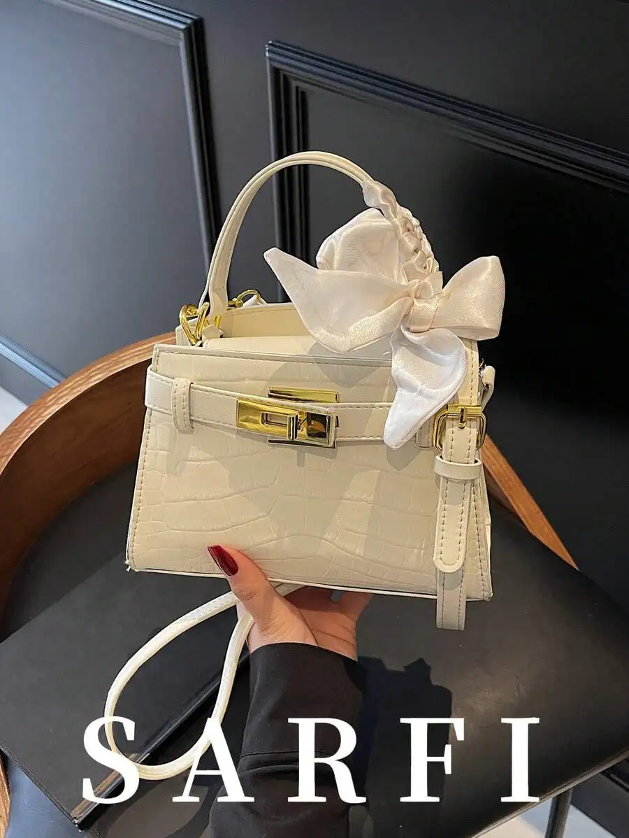 

Cream Croc-Embossed Top Handle Bag with Satin Bow, Magnetic Closure, Adjustable Strap