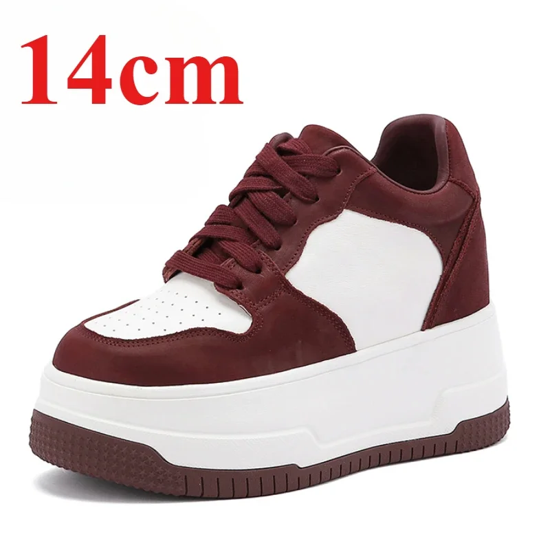 Sapatos de skate branco de couro genuíno para mulher invisível altura crescente 12cm fundo ultra leve casual moda sapatos elevados