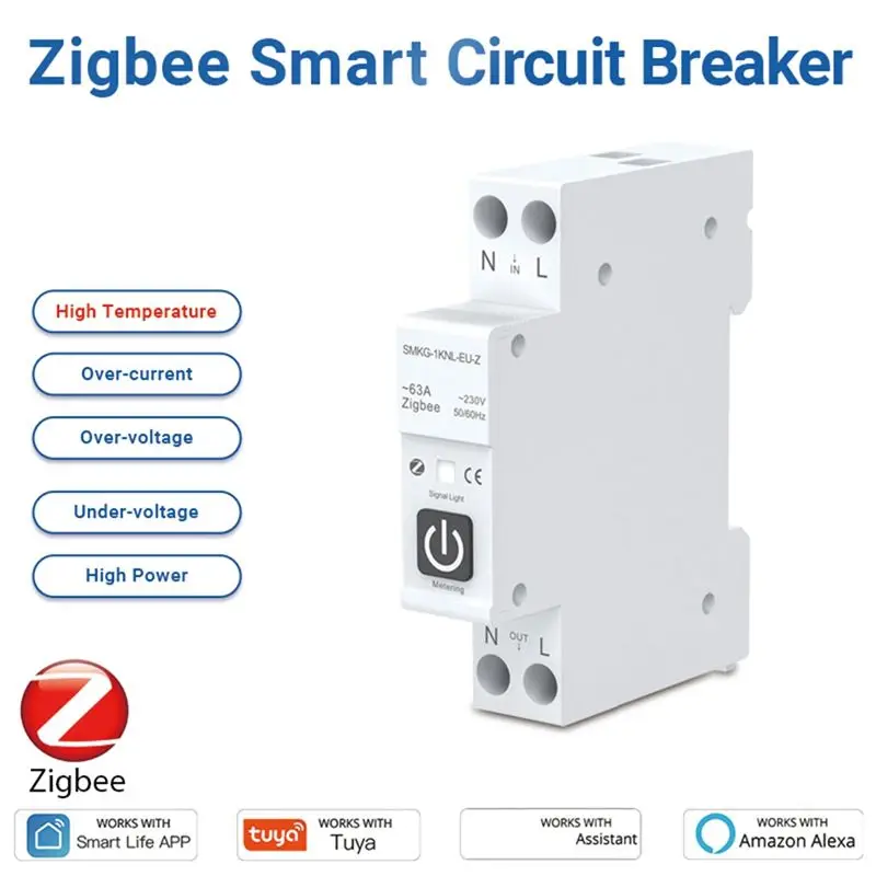 A42Z-TUYA 63A 1P+N Zigbee Smart Circuit Breaker With Metering Smart Home Wireless Remote Control Smart Life Alexa Home