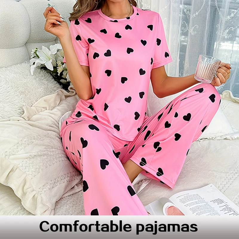 Two Piece Summer New Hot Selling Women's Home Leisure and Comfortable Pink Print Love Pajama Set