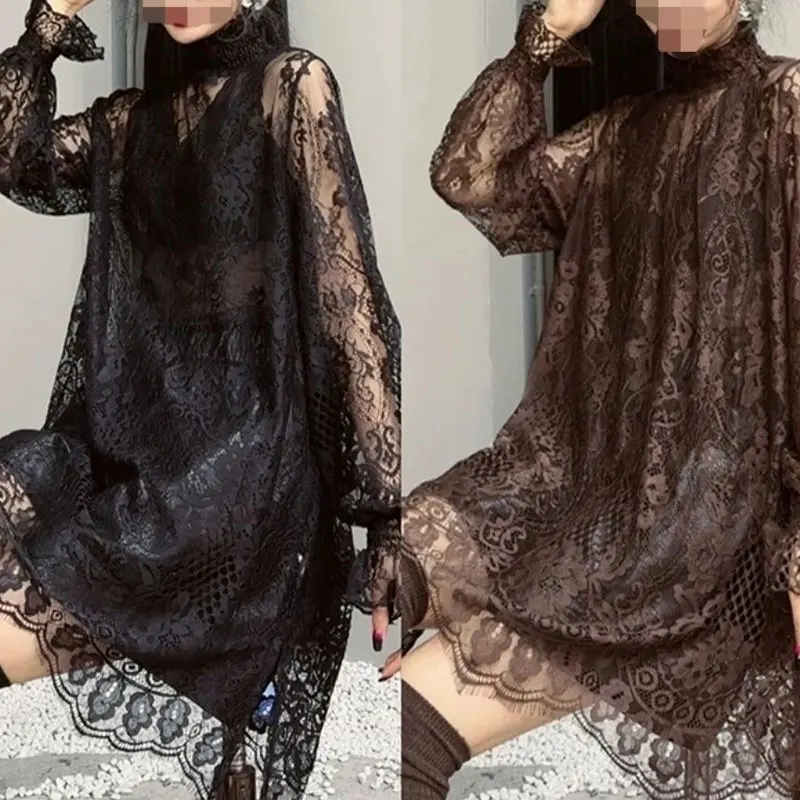 Sexy Vintage Lace Hollow Out Shirt 2023 Autumn Winter Casual Turtleneck Women\'s Clothing Korean Loose Stylish Long Sleeve Blouse