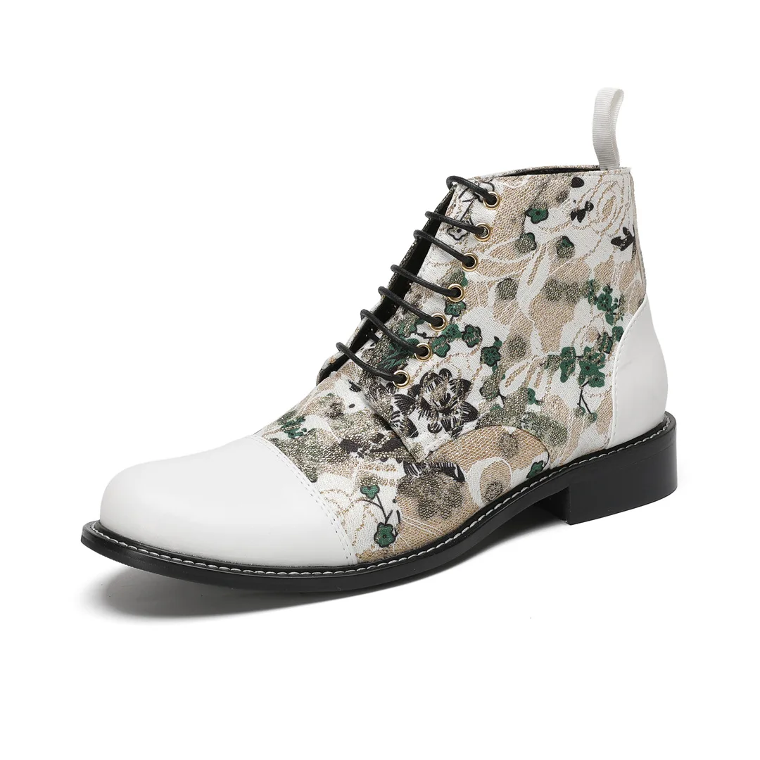 British Style High Top Chunky Heel Lace-up Boots for Men Plants Prints Genuine leather Splicing Ankle Boots Male Chelsea Boots