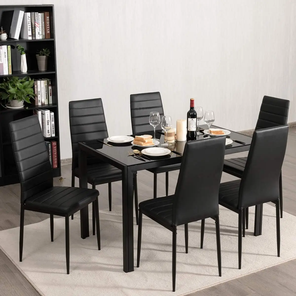 Giantex-Silla de comedor de Metal de policloruro de vinilo negro, asiento y respaldo acolchados suaves, espalda alta ergonómica, juego de 6