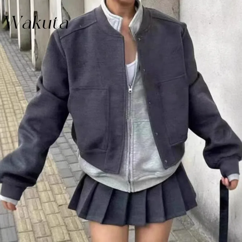 WAKUTA Fashion Retro Hottie Suit Early Fall American Chic Tweed Baseball Jacket Sexy Low Waisted Double Belt Pleated Pants Skirt