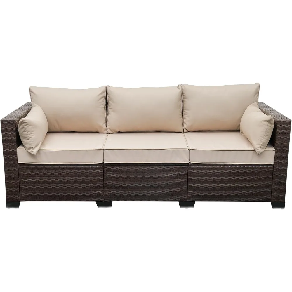 Patio Couch PE Wicker 3-Seat Outdoor Brown Rattan Sofa Deep Seating Furniture with Non-Slip Beige Cushion