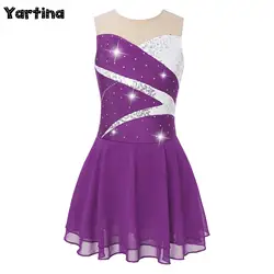 Kids Girls Shiny Sequins Rhinestone Ballet Jersey Gymnastics Leotard Tutu Dance Wear Hollow Back Figure Skating Dance Dress