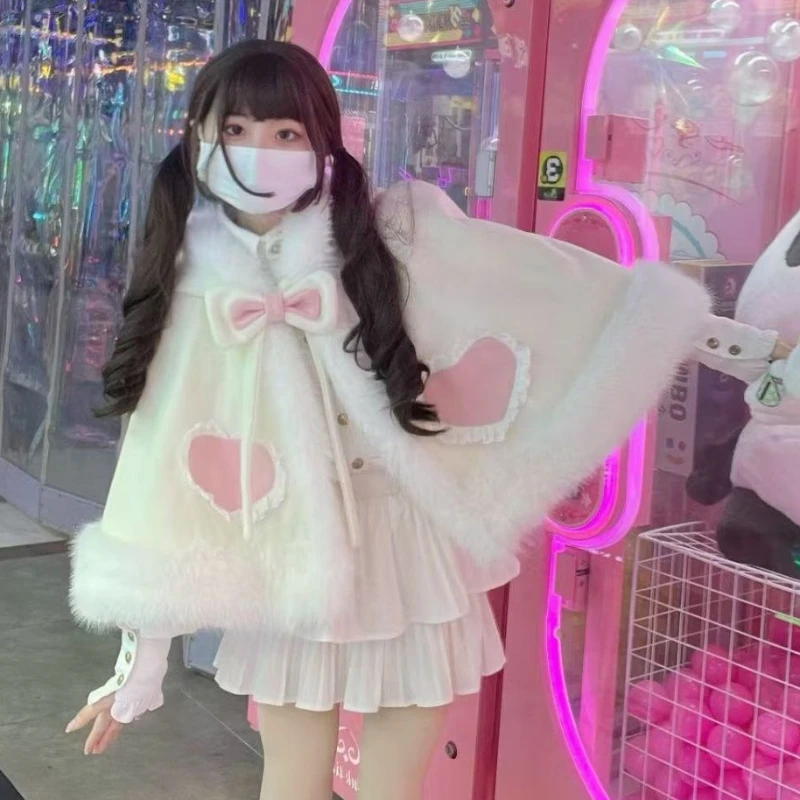 

Японский кавайный меховой лоскутный плащ, пальто Y2k, женская эстетичная Лолита в стиле гранж с капюшоном, теплая контрастная цветная верхняя одежда с милым бантом