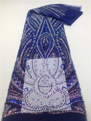 Luxury Royal Blue African Lace Fabric Heavy Bead Embroidered 3D Sequins Mesh Tulle Lace For Sew Party Dresses High Quality 2024