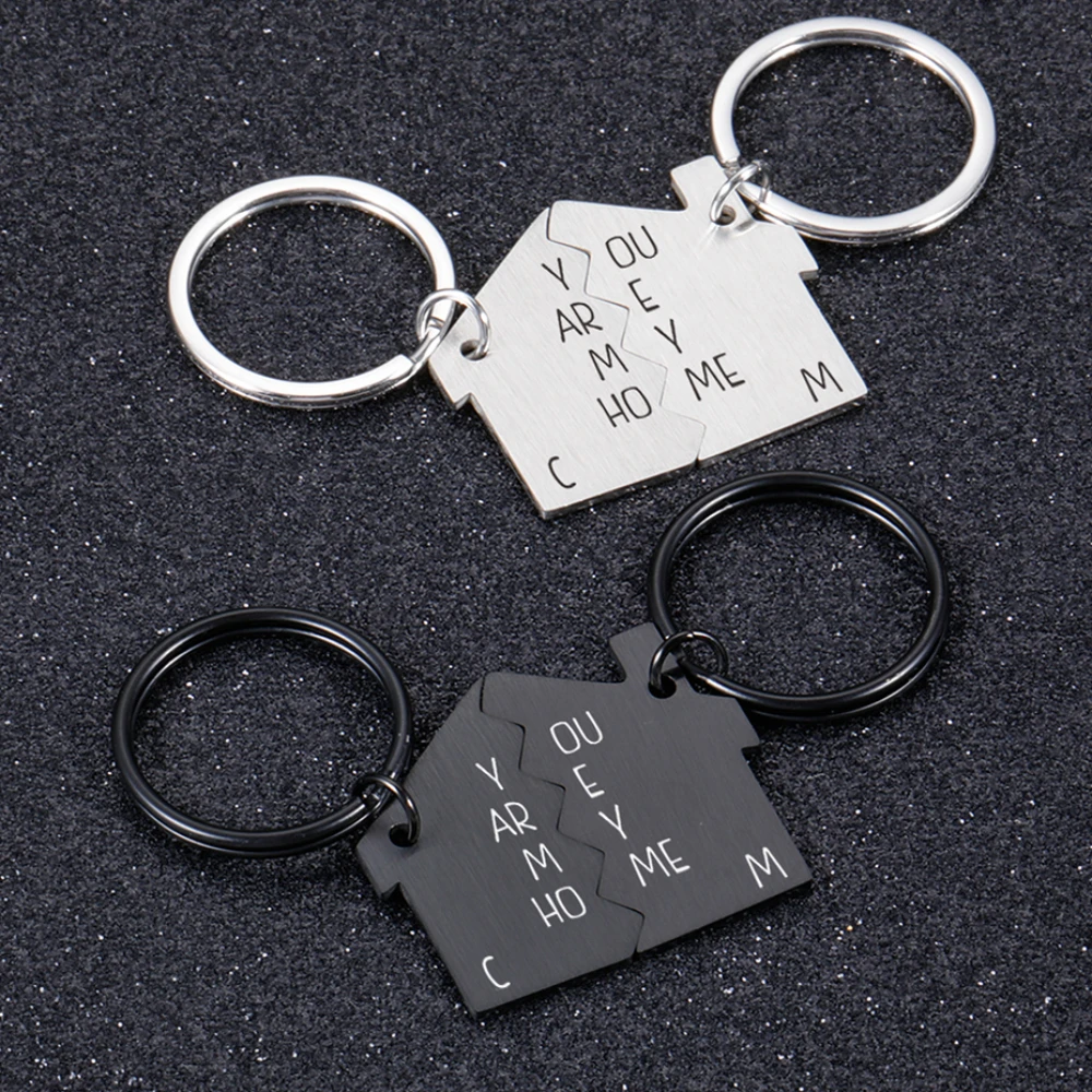 2PCS Home Keychain Personalized Customized Keyring Initials Names Engraved for Boyfriend Husband Couple Loves Anniversary Gift