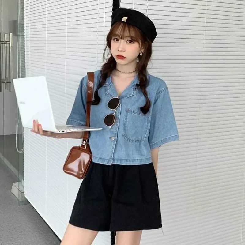 Denim Shirts Women Preppy Style Solid Lovely Fashion Vintage Short Sleeve High Street Retro Basic Femme Popular Student Summer