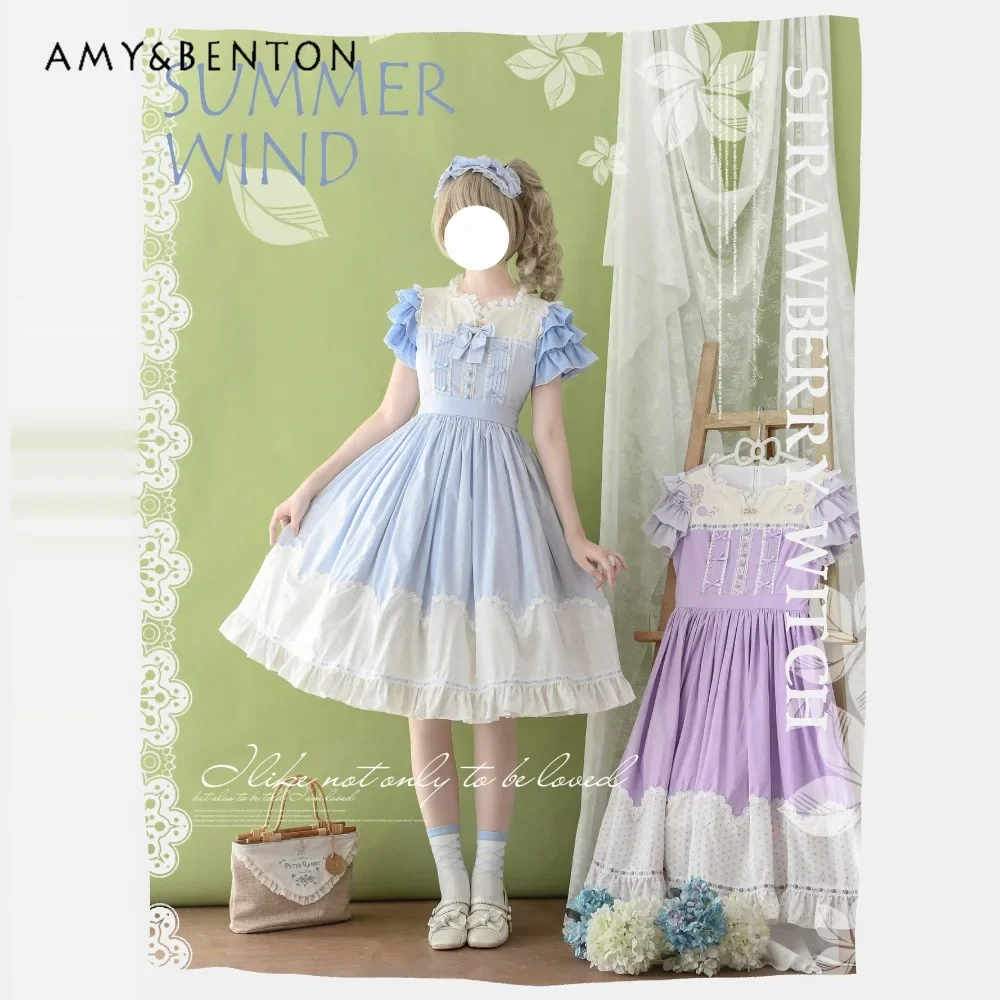 

Summer Pastoral Style Original Cotton Embroidered Op Dress Daily Lolita High Waist Slim Fit Mid-length Dress Forest Tutu Dresses