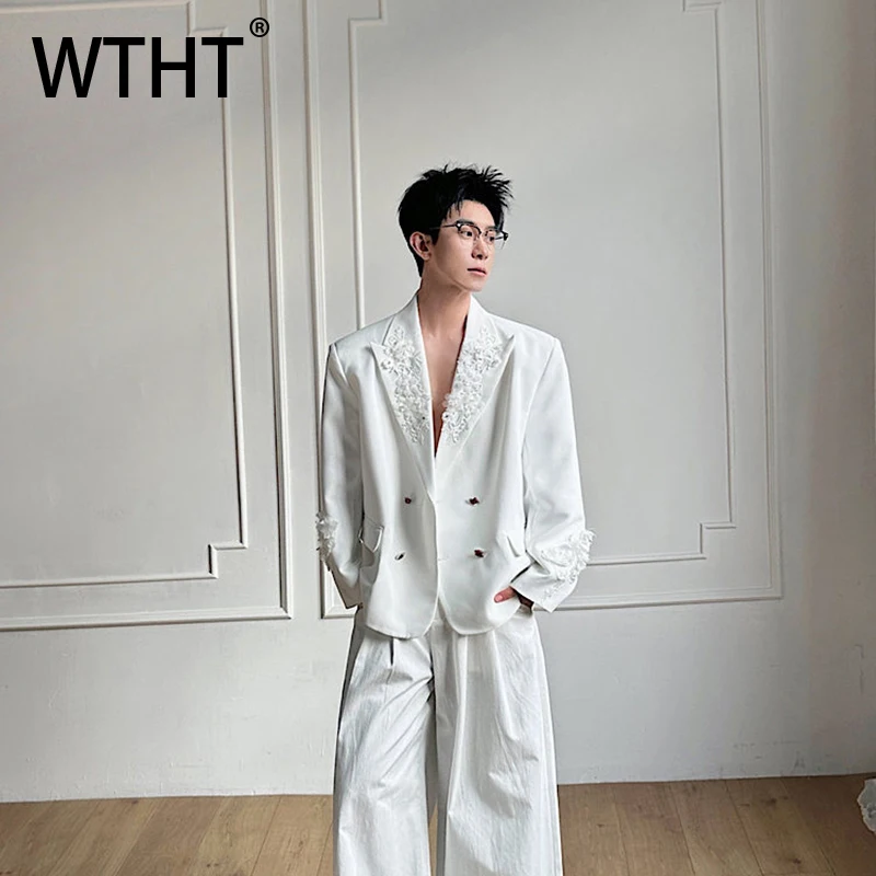 WTHT Trendy Men's Solid Color Spliced 3D Flower Design Blazer Coat Fashion Lapel Double Breasted Jackets Male 2026 Summer 2A2836