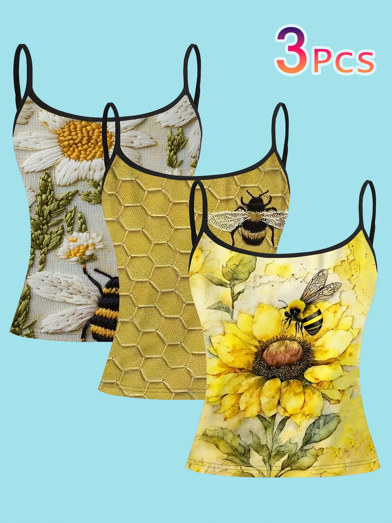 3-Piece Set of Little Bee, Daisy, and Sunflower Camisoles, Millennium-Style Slim-Fit Tank Tops for Layering or Wearing Alone