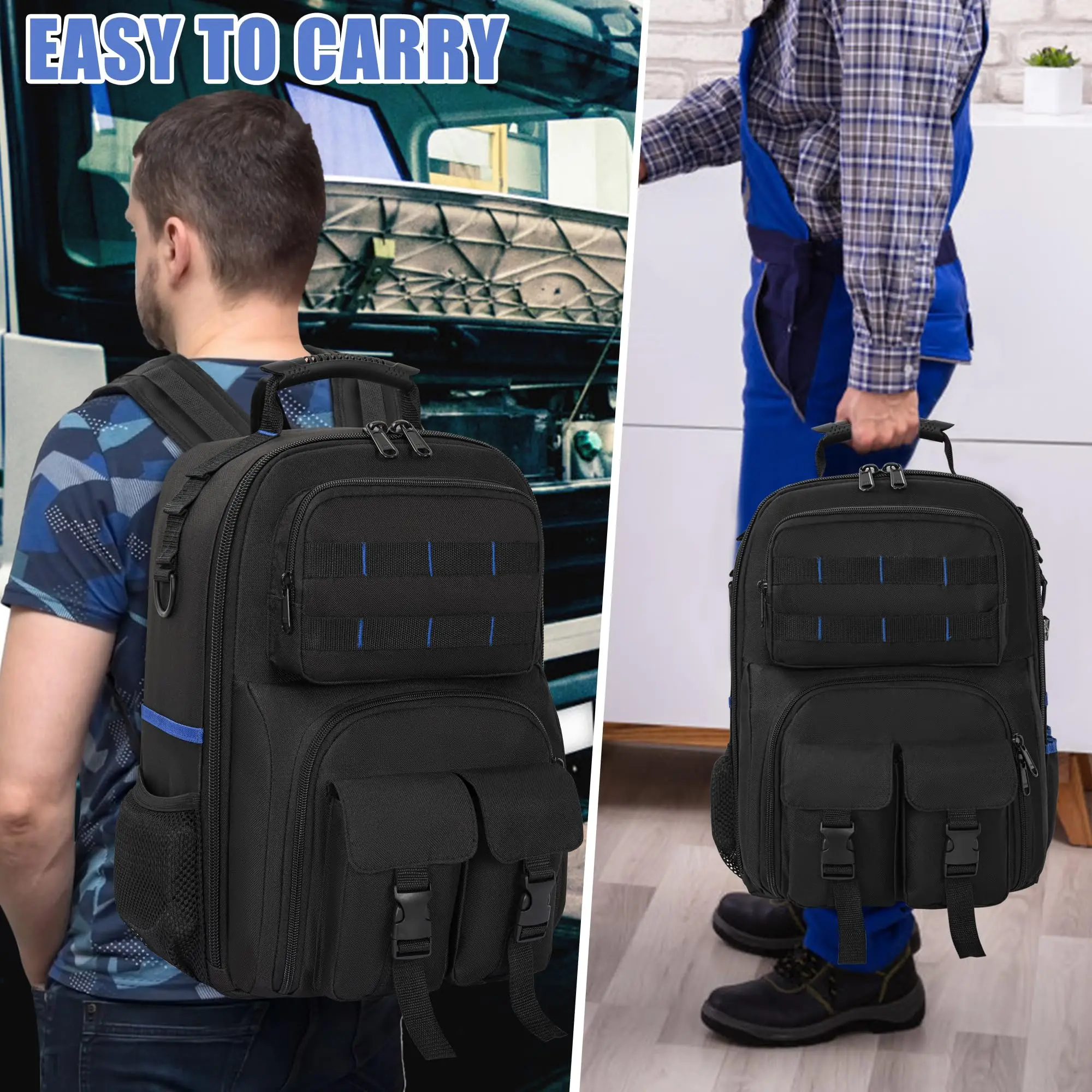 Heavy-Duty Zipper Tool Backpack with Premium YKK Zippers and Reinforced Stress Points.Crafted from Durable 900D Polyester with Padded Back Panel and Ergonomic Shoulder Straps.Internal Organizer Features 10 Tool Pouches and 6 Elastic Loops.Ideal for Ele view 6