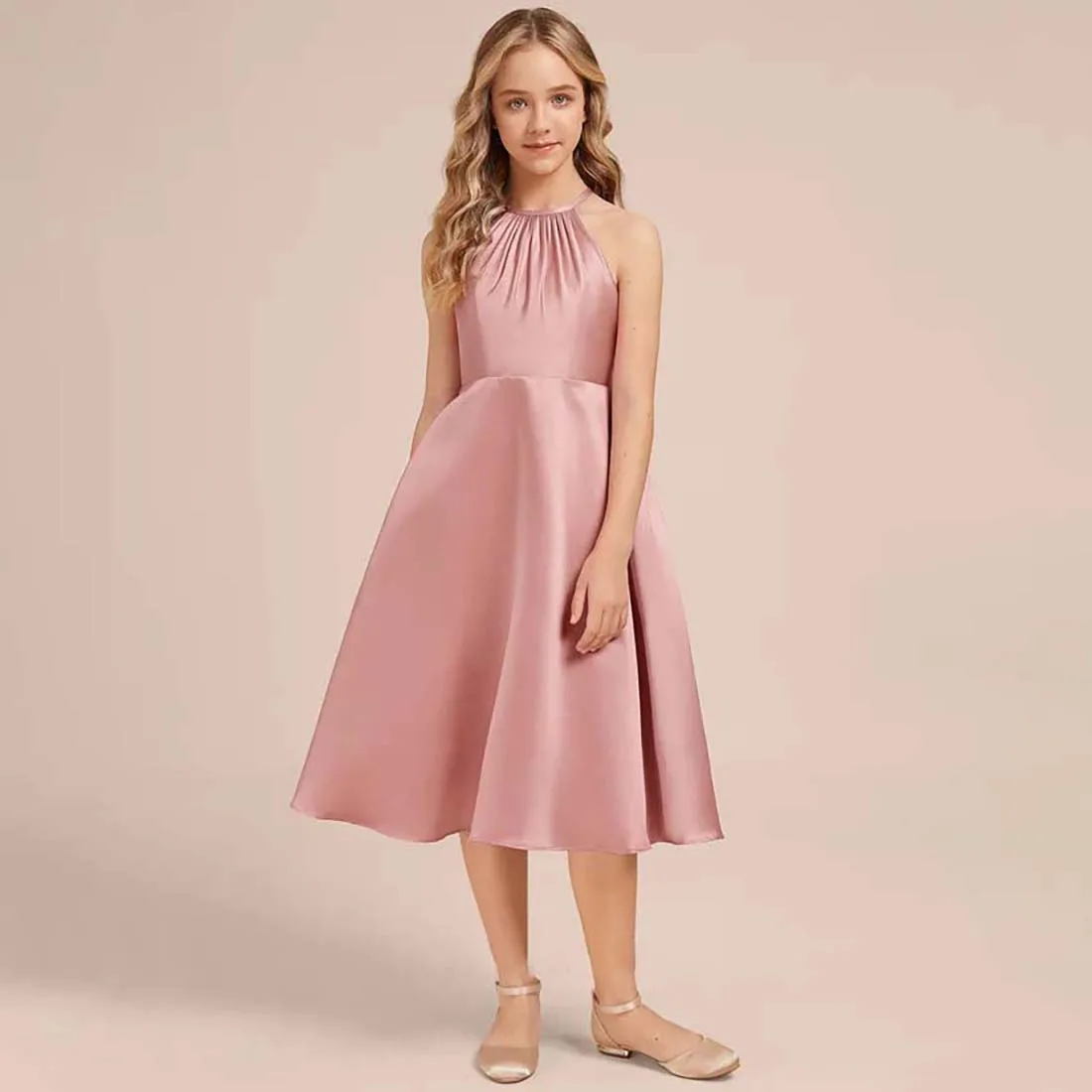 GIOIO A-line Halter Tea-Length Satin Junior Bridesmaid Dress