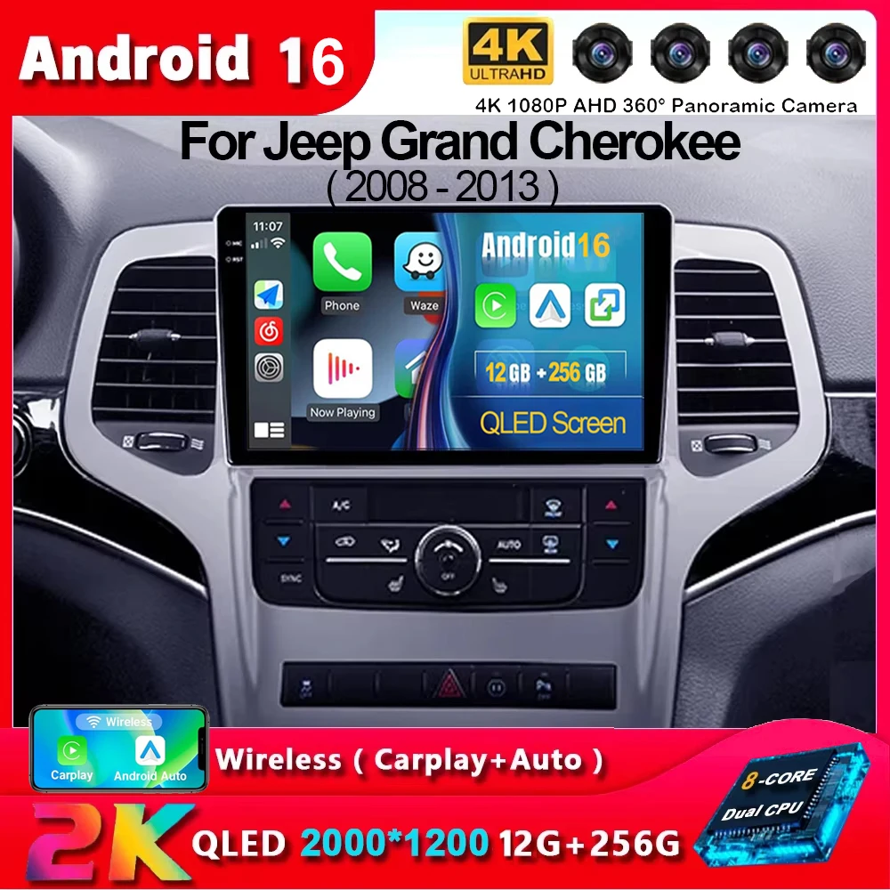 Android 16 pour Jeep Grand Cherokee 2008 2009 2010 2011 2012 2013 Écran QLED Autoradio Multimédia Vidéo Carplay Auto Navigation
