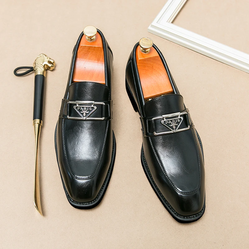 

Luxury Black Leather Shoes Man Loafers Large Size 38-46 Pointed Toe Slip-On Man Dress Shoes Comfortable Flat Men's Wedding Shoes