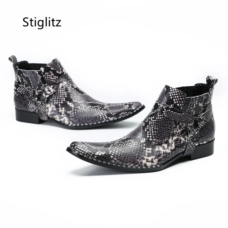 Snake Pattern Genuine Leather Boots for Men Belt Buckle Ankle Boots Slip On Low Heel Western Boots Elegant Male Dress Shoes