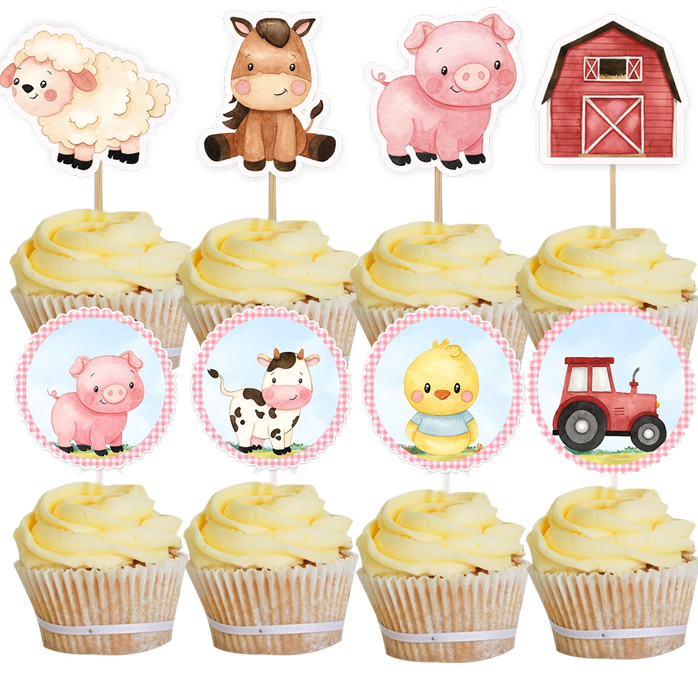 1set Carton Farm Animal Paper Cupcake Toppers for Baby Shower Party Kids Farm Themed Birthday Decorations DIY Cake Supplies