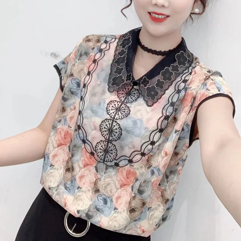 2023 Summer New Turn-down Collar Short Sleeve Vintage Elegant Printing Chiffon Shirt Women High Street Y2K All-match Pullovers