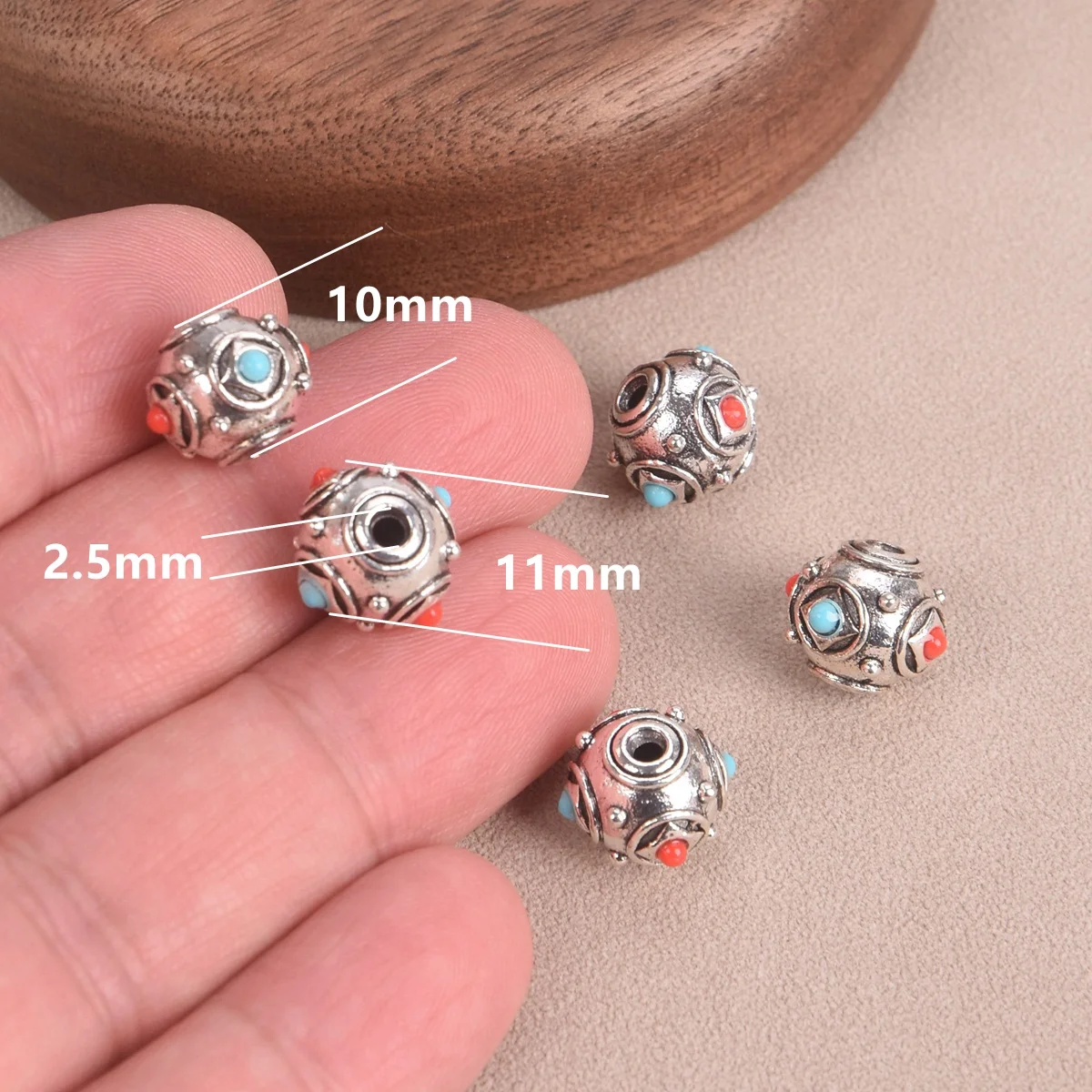 5pcs Nepalese Buddhist Tibetan Silver Color Red Blue Dots Loose Beads For Jewelry Making DIY Crafts Findings